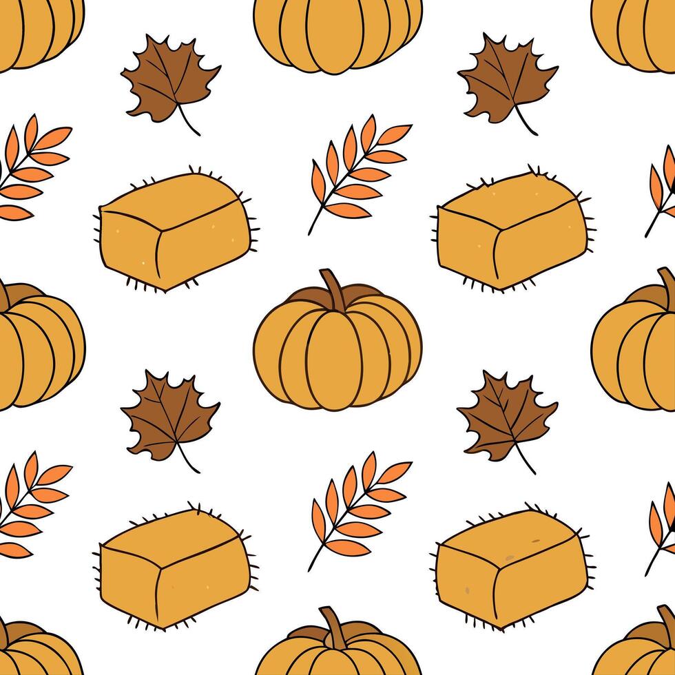 Rustic autumn harvest seamless tile pattern with hay bales pumpkins and fall leaves concept as Hay bales pumpkins and fall leaves create a rustic autumn harvest seamless tile patte Clean Pro vector