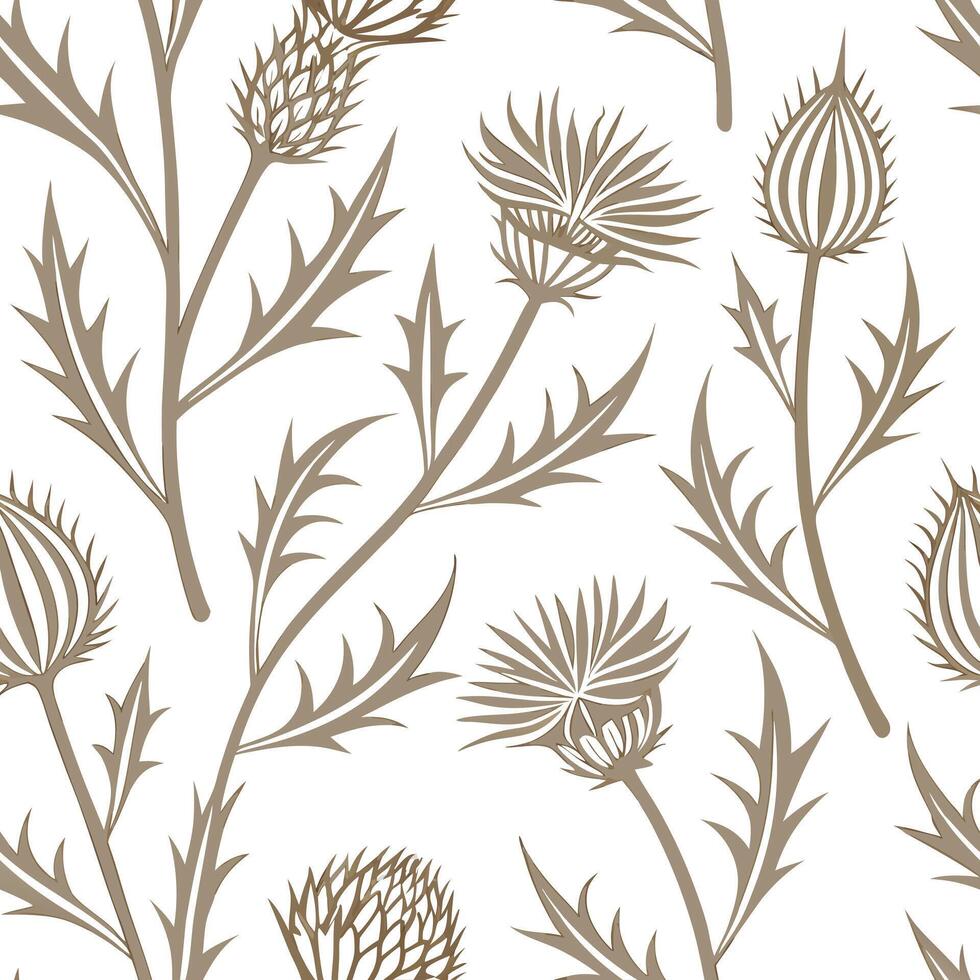 Rustic botanical illustration seamless tile pattern with hand drawn thistles and wild herbs in muted earth tones for farmhouse decor concept as Hand drawn thistles and wild herbs i Clean Pro vector