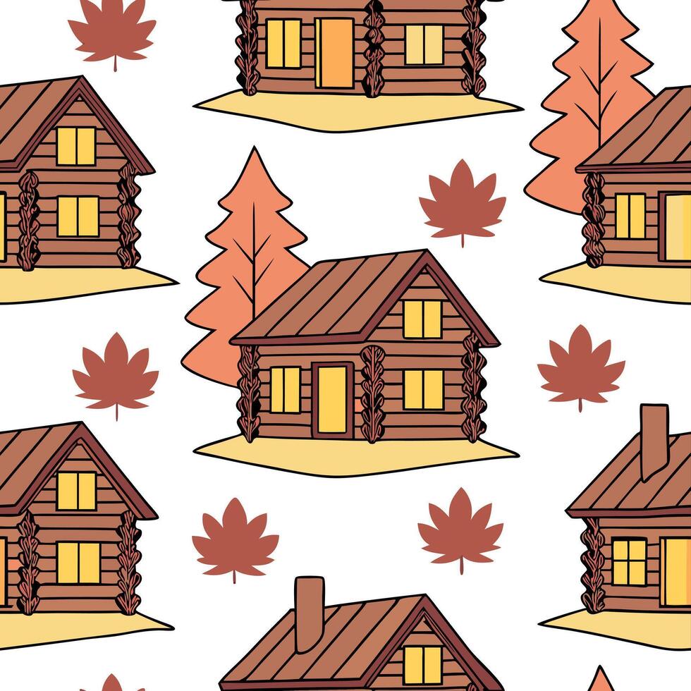 Rustic wooden cabin seamless tile pattern with warm lights and autumn foliage concept as Warm lit rustic cabins surrounded by autumn foliage create a seamless tile pattern perfect Clean Pro vector