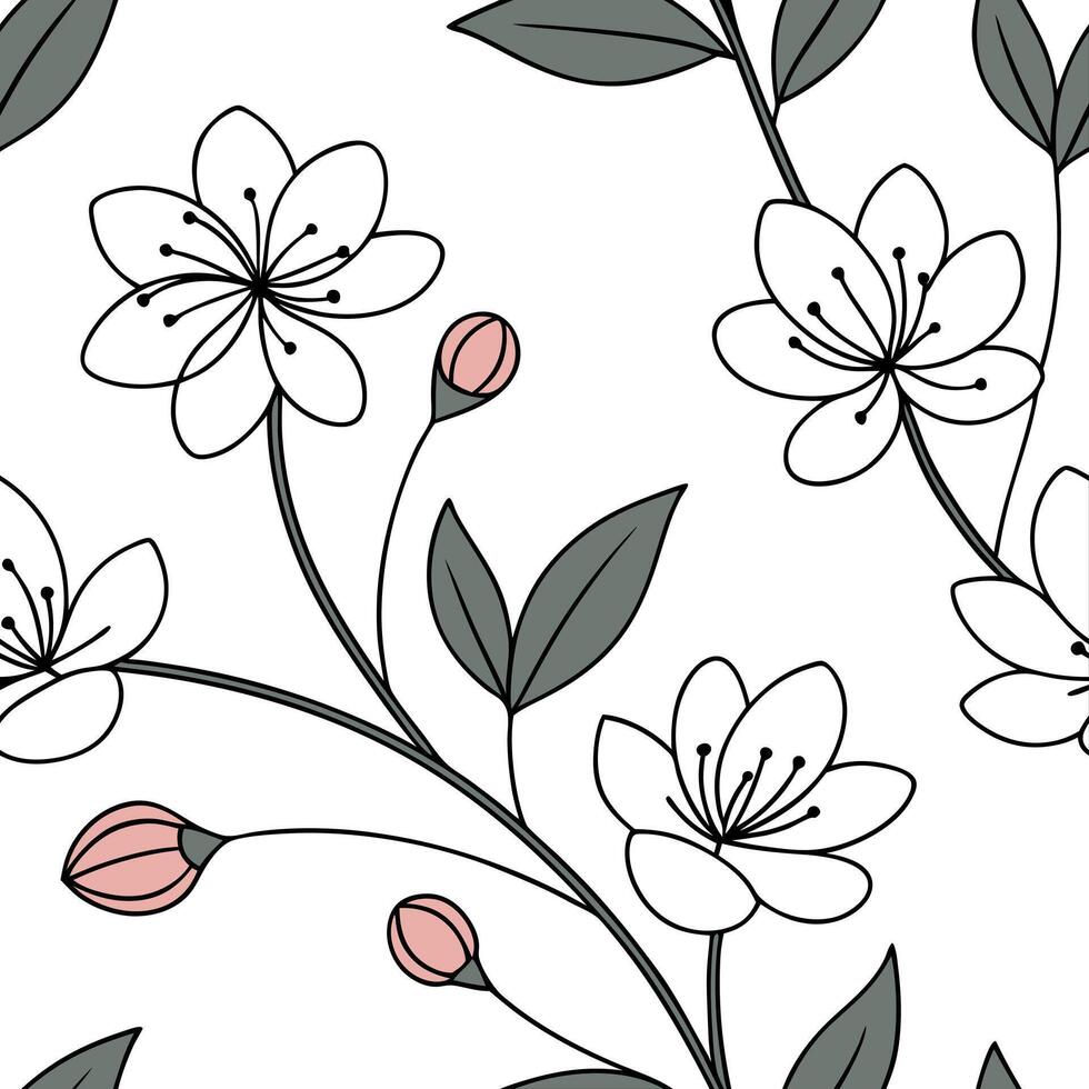 Scandinavian blossom seamless tile pattern with clean lines and white background featuring delicate flowers for minimalist homes concept as Clean lines and white background with de Clean Pro vector