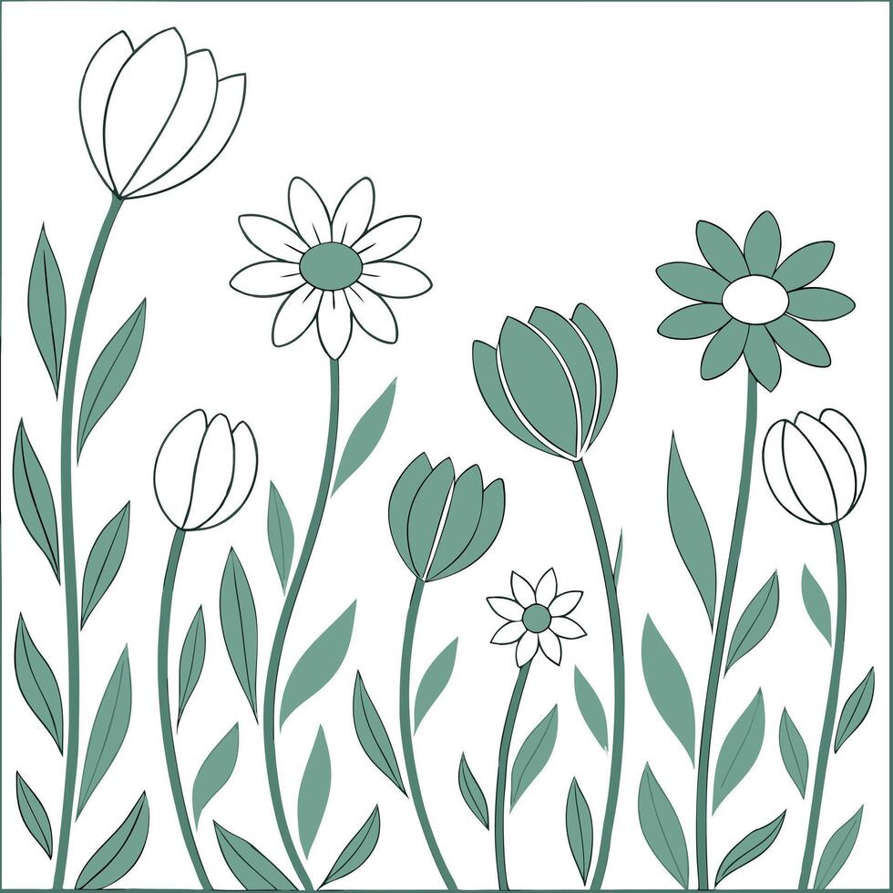 Scandinavian wildflowers seamless tile pattern with simple daisies and tulips in soft green tones for minimalist homes concept as Simple daisies and tulips in soft green tones crea Clean Pro vector