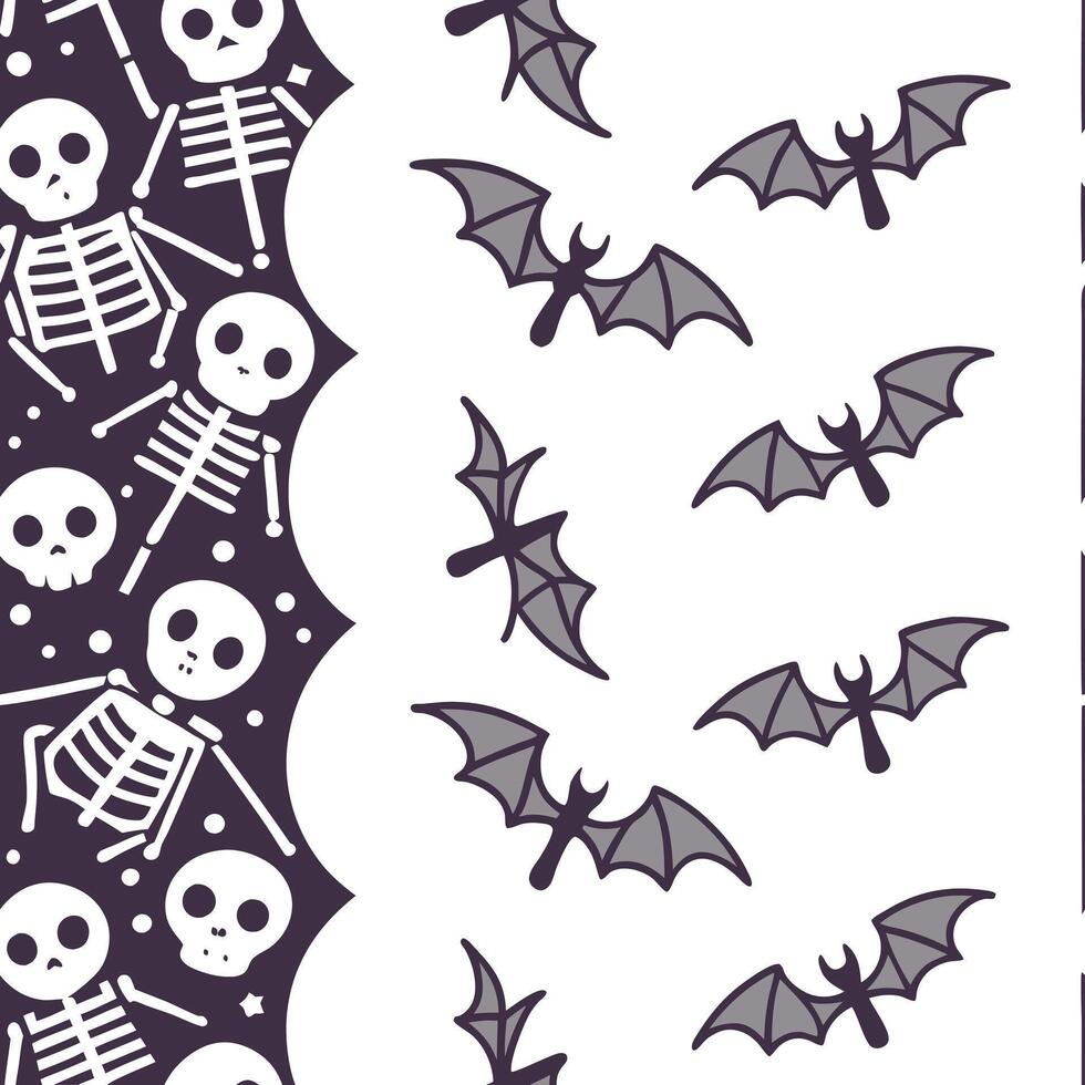 Skeletons and witches seamless tile pattern with spooky elements and dark hues for macabre Halloween decor concept as Spooky skeletons and witches arranged seamlessly with dark hue Clean Pro vector