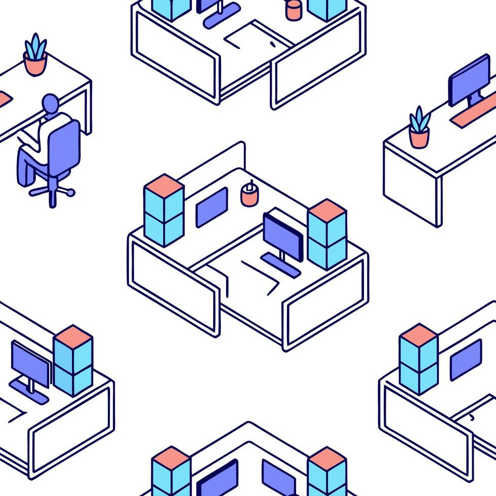 Smart Office Automation concept as A panoramic view of a modern office where employees interact seamlessly with automated systems such as smart lighting and voice activated assista Clean Pro vector