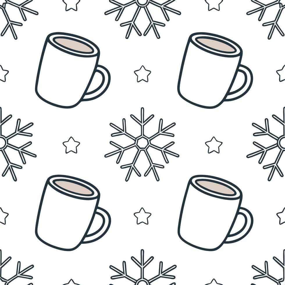 Snowflake and cozy mug seamless tile pattern with warm winter beverages and frosty details concept as Cozy mugs filled with warm beverages paired with snowflakes create a seamless Clean Pro vector