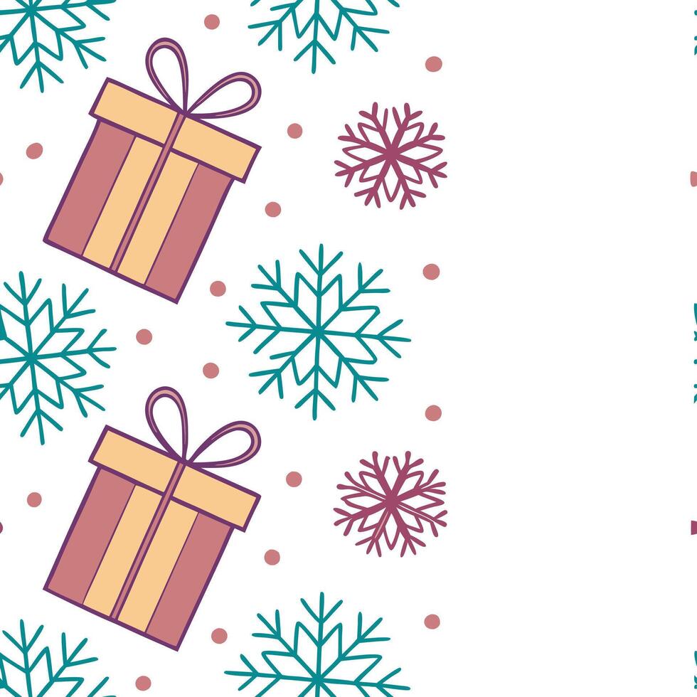 Snowflake and festive gift seamless tile pattern with colorful holiday elements concept as Colorful holiday gifts paired with snowflakes create a seamless tile pattern with festive Clean Pro vector