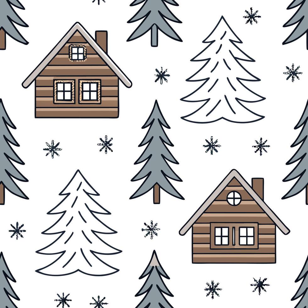Snowflake and winter cabin seamless tile pattern with cozy forest elements and snowy accents concept as Cozy winter cabins paired with snowflakes create a seamless tile pattern wit Clean Pro vector