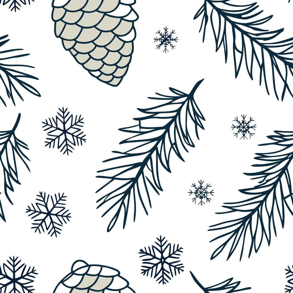 Snowy pine seamless tile pattern with pinecones and snowflakes for nature inspired winter decor concept as Pinecones and snowflakes arranged seamlessly to create nature inspired sn Clean Pro vector