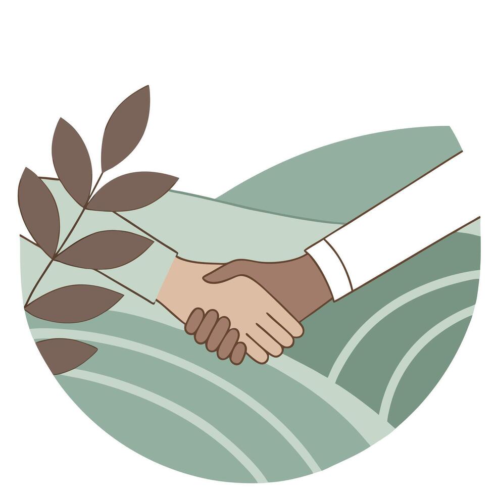 Soft abstract image of a handshake merging into a landscape with copy space on the side concept as Two hands engage in a handshake that seamlessly blends into a picturesque landsc Clean Pro vector