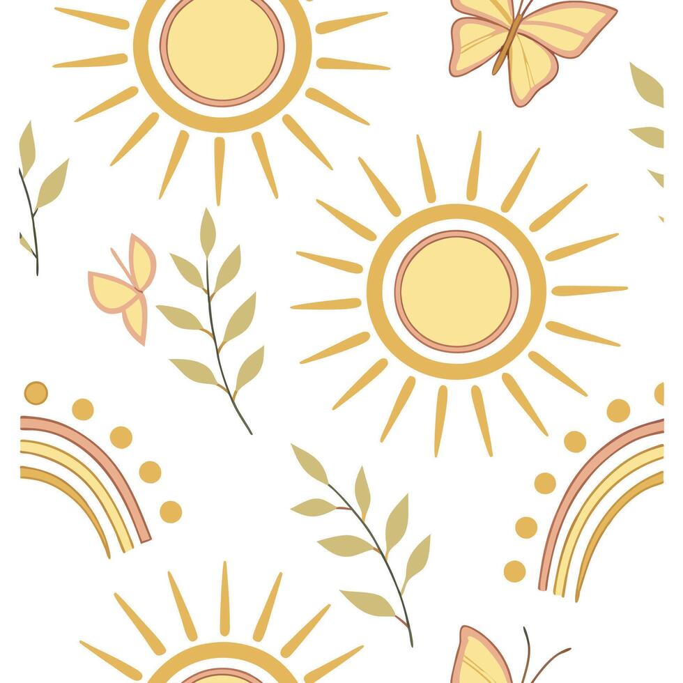 Soft yellow sunshine seamless tile pattern with glowing rays and pastel tones for a calming spring atmosphere concept as Soft yellow rays and pastel tones of sunshine create a seam Clean Pro vector