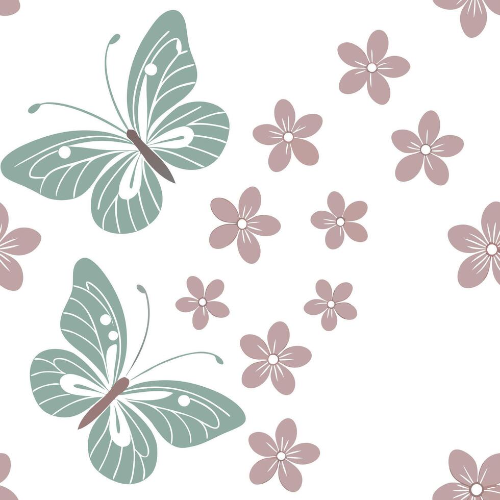 Spring pastel seamless pattern with delicate butterflies and flowers for whimsical garden decor concept as Soft butterflies and pastel flowers arranged seamlessly for a whimsical a Clean Pro vector