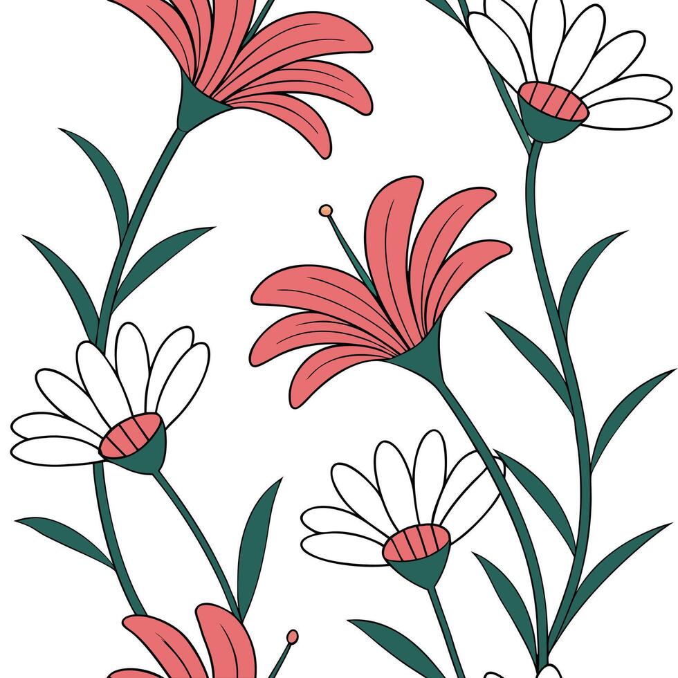 Summer flowers seamless pattern with rich color contrasts and vibrant petals for a bold artistic summer style concept as Artistic summer flower pattern with rich color contrasts an Clean Pro vector