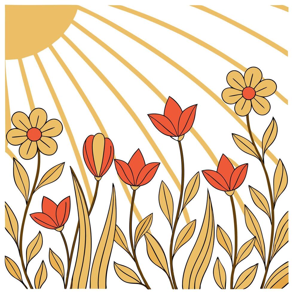 Sun kissed garden flowers seamless tile pattern with golden rays highlighting vibrant blooms concept as Golden sun rays highlight vibrant garden flowers creating a seamless tile pa Clean Pro vector