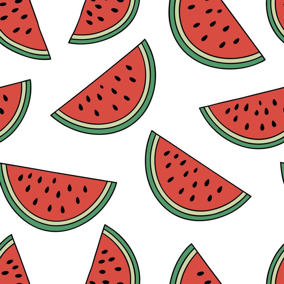 Sweet watermelon slices seamless tile pattern with bright red and green colors for a fun summer vibe concept as Bright red watermelon slices with green rind create a fun and refres Clean Pro vector