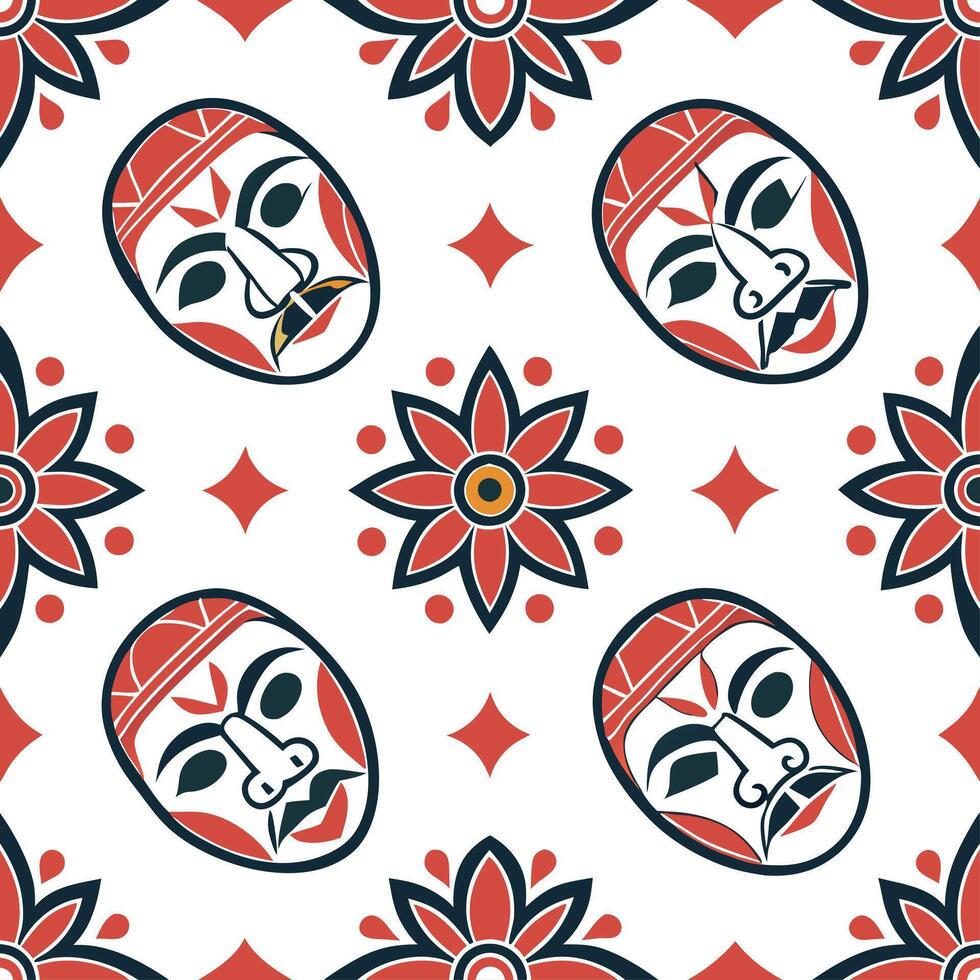 Traditional masks and symbolic patterns seamless tile pattern with bold and vibrant colors concept as Bold and vibrant colors highlight traditional masks and symbolic patterns in s Clean Pro 2 vector
