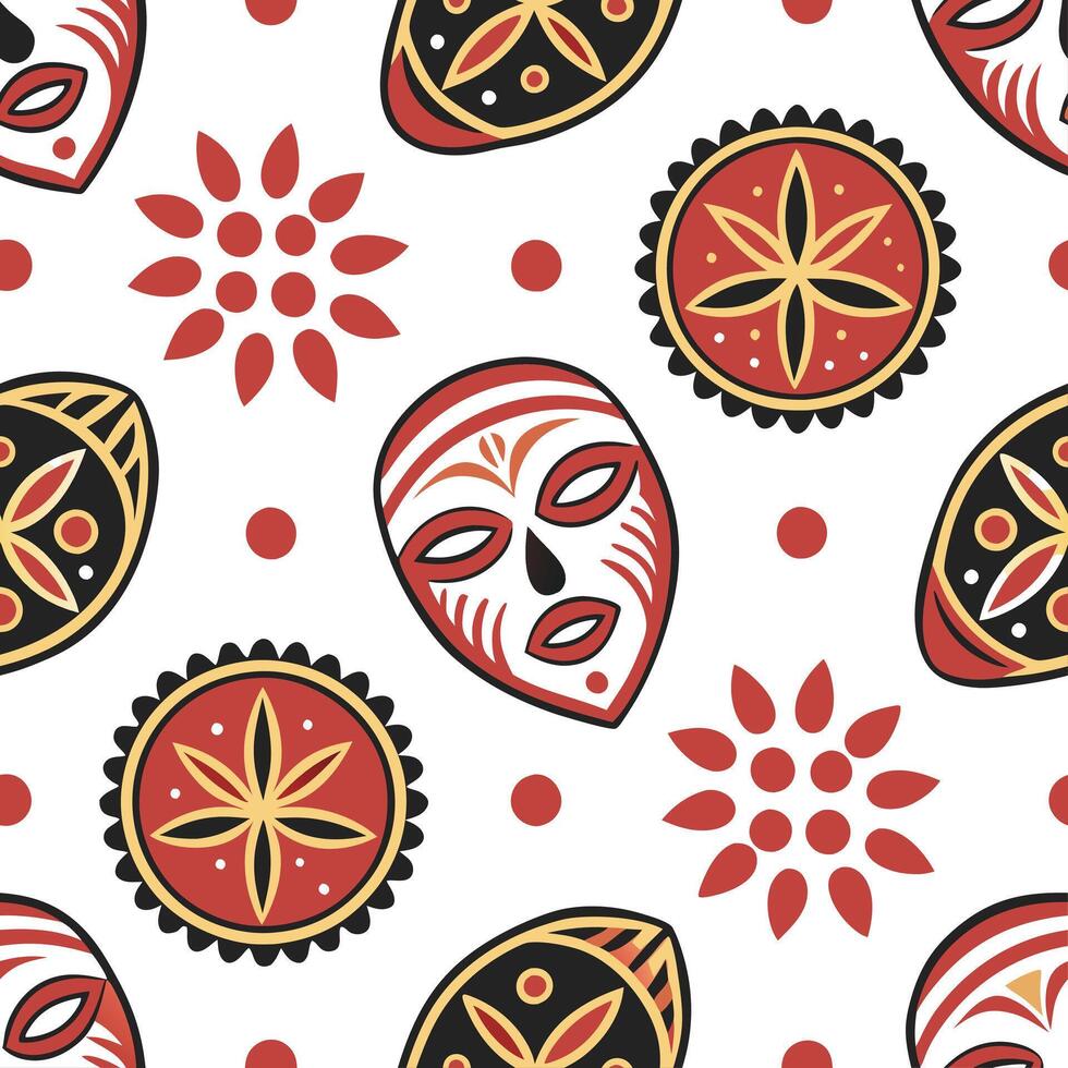 Traditional masks and symbolic patterns seamless tile pattern with bold and vibrant colors concept as Bold and vibrant colors highlight traditional masks and symbolic patterns in s Clean Pro vector