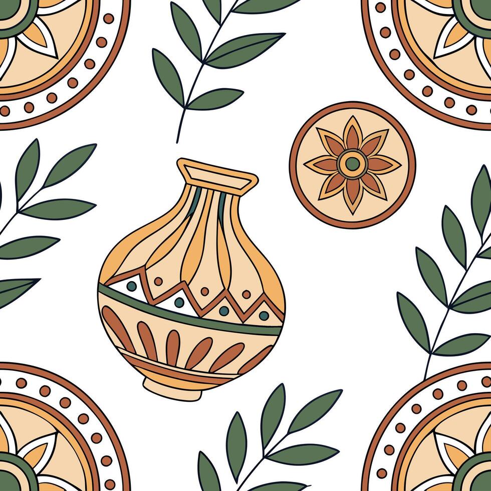 Traditional pottery and ceramic designs seamless tile pattern with earthy and vibrant hues concept as Earthy and vibrant hues highlight traditional pottery and ceramic designs in s Clean Pro vector