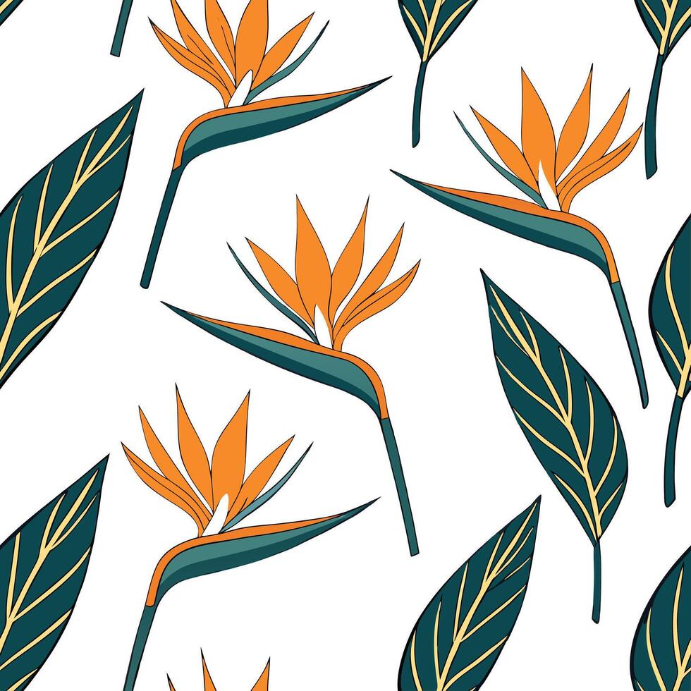 Tropical Bird of Paradise seamless pattern with vibrant colors and exotic elements on white concept as Vibrant tropical Bird of Paradise flowers with exotic elements forming lively Clean Pro vector