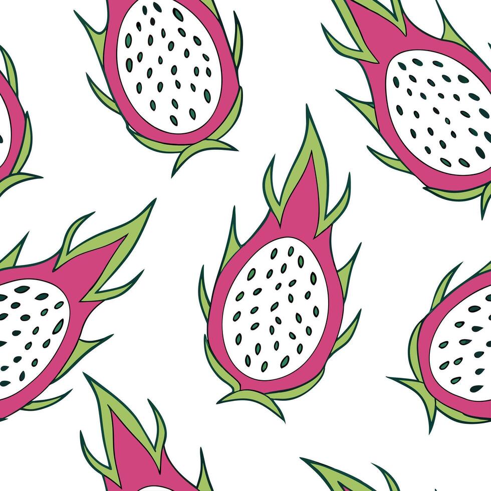 Tropical dragonfruit seamless tile pattern with bright pink green and white hues for a vibrant summer design concept as Bright pink green and white hues from dragonfruit create a t Clean Pro vector