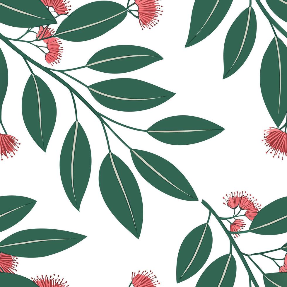 Tropical eucalyptus seamless tile pattern with lush green leaves and vibrant eucalyptus clusters on white background ideal for sunny lounges concept as Lush green eucalyptus leaves Clean Pro vector