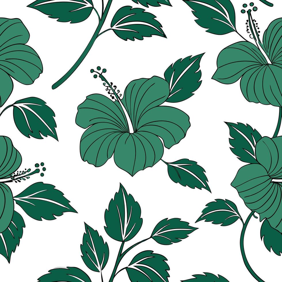 Tropical hibiscus seamless tile pattern with lush green stems and vibrant hibiscus clusters on white background ideal for sunny lounges concept as Lush green hibiscus stems and vib Clean Pro vector