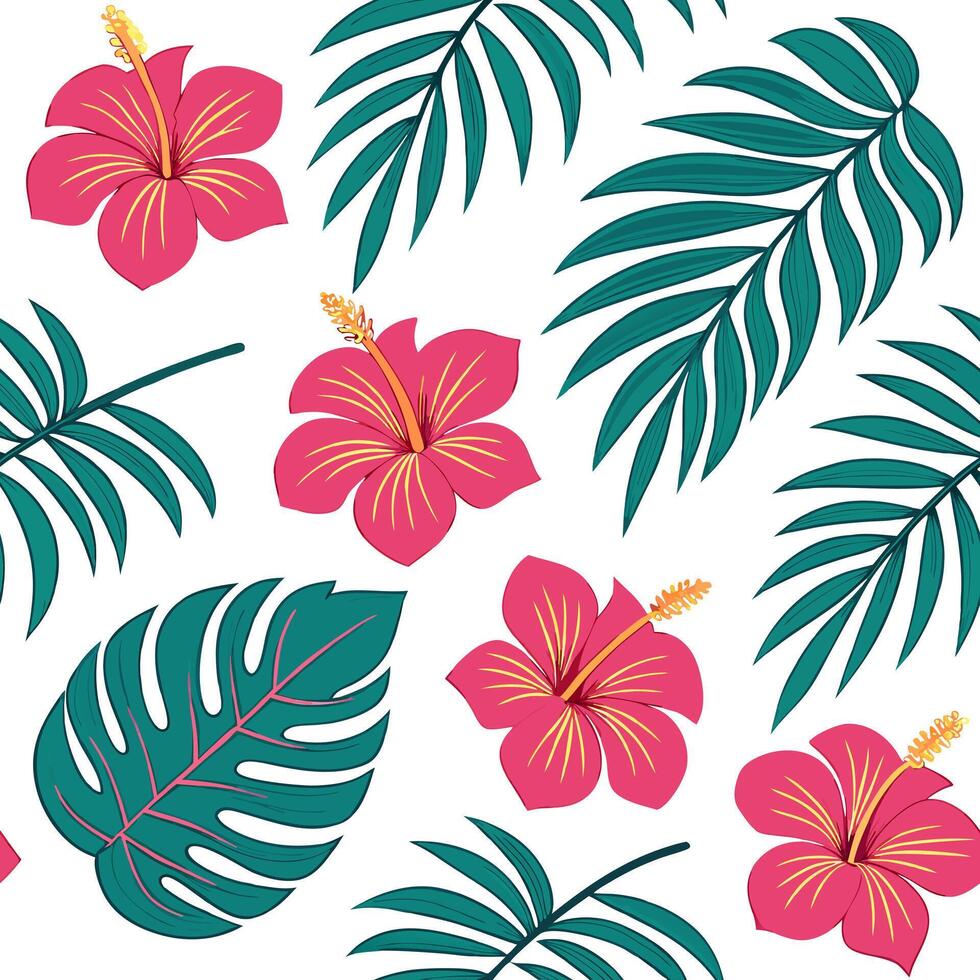 Tropical heather seamless pattern with vibrant colors and exotic elements on white concept as Vibrant tropical heather flowers with exotic elements forming lively seamless pattern Clean Pro vector