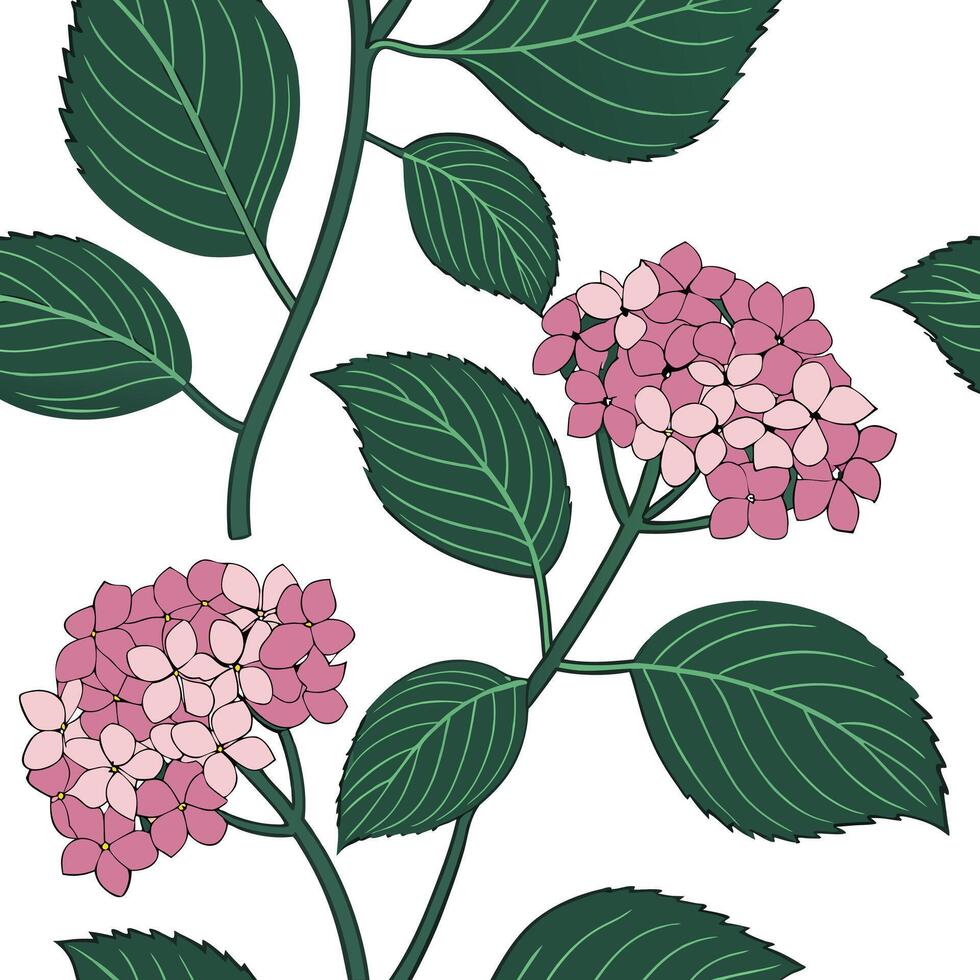 Tropical hydrangea seamless tile pattern with lush green stems and vibrant hydrangea clusters on white background ideal for sunny lounges concept as Lush green hydrangea stems and Clean Pro vector