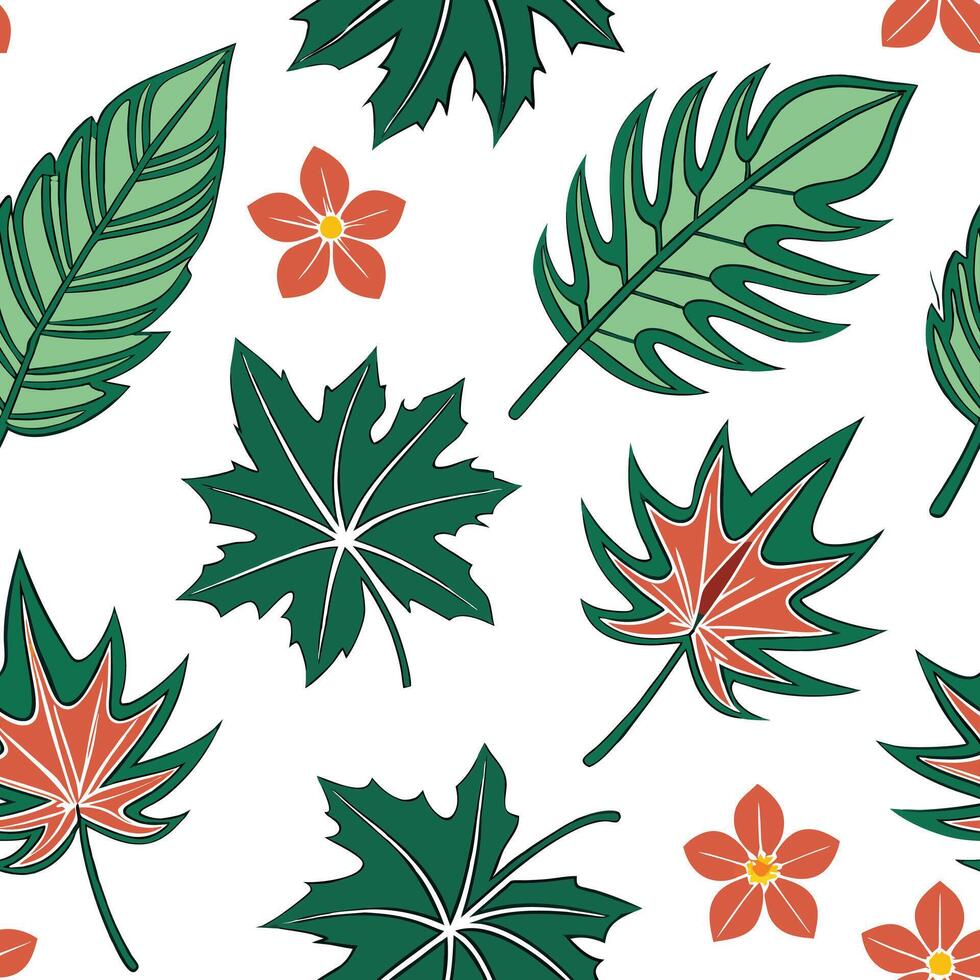 Tropical maple leaves seamless pattern with vibrant colors and exotic elements on white concept as Vibrant tropical maple leaves with exotic elements forming a lively seamless patt Clean Pro vector