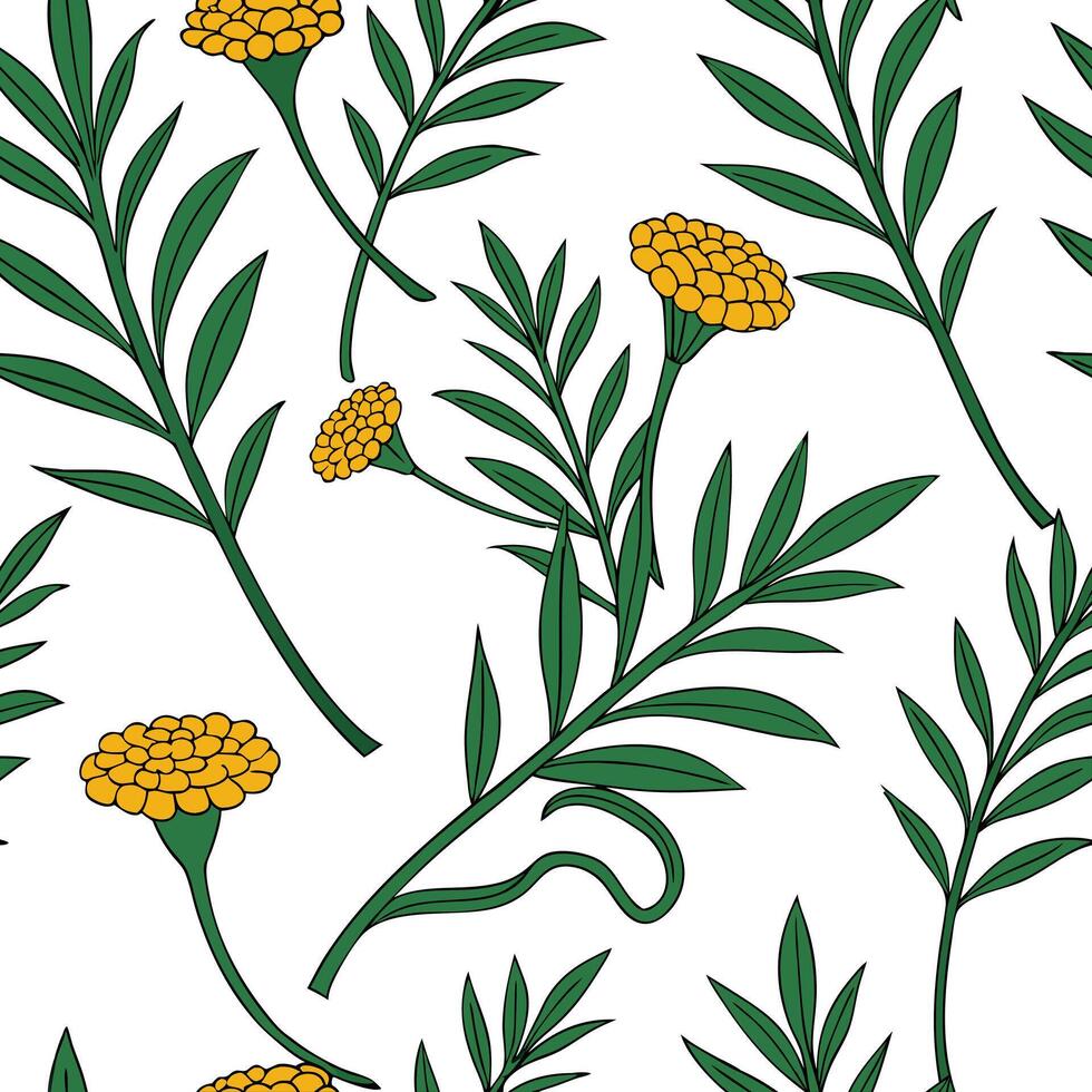 Tropical marigold seamless tile pattern with lush green stems and vibrant marigold clusters on white background ideal for sunny lounges concept as Lush green marigold stems and vib Clean Pro vector