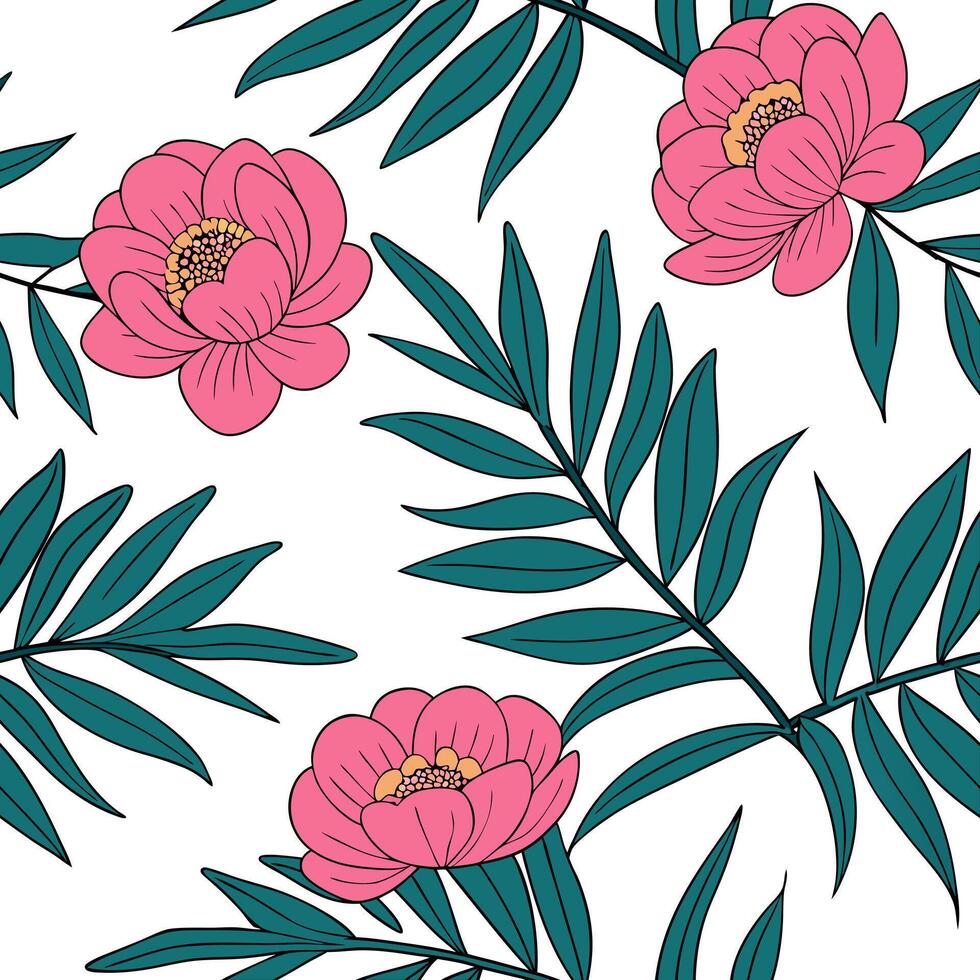 Tropical peony seamless pattern with vibrant colors and exotic leaves on white concept as Vibrant tropical peonies with exotic green leaves forming a lively seamless pattern perfec Clean Pro vector