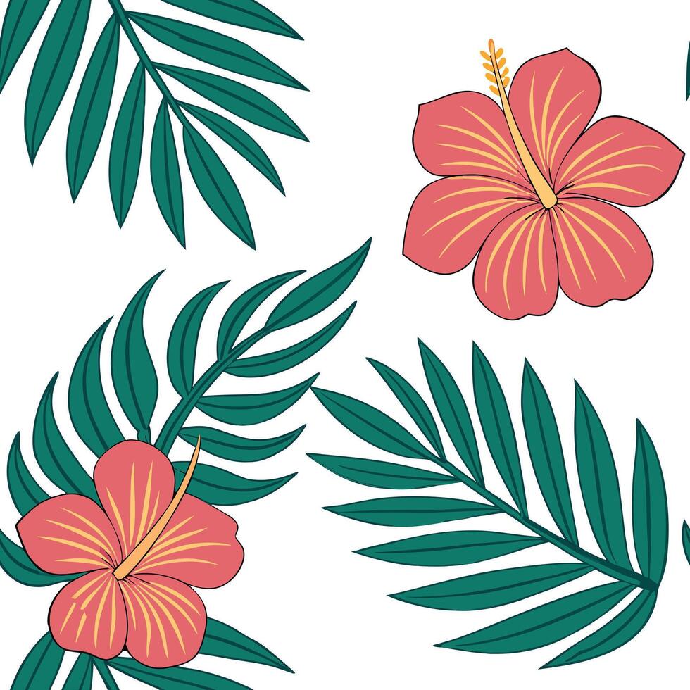 Tropical summer flowers seamless pattern with exotic florals and bright warm hues for an adventurous summer vibe concept as Exotic summer flowers pattern with tropical florals and Clean Pro vector