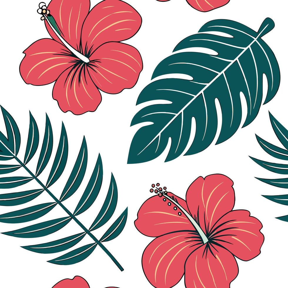 Tropical summer seamless pattern with hibiscus flowers and exotic leaves for bright lively spaces concept as Hibiscus flowers and exotic leaves arranged in a seamless tile pattern Clean Pro vector