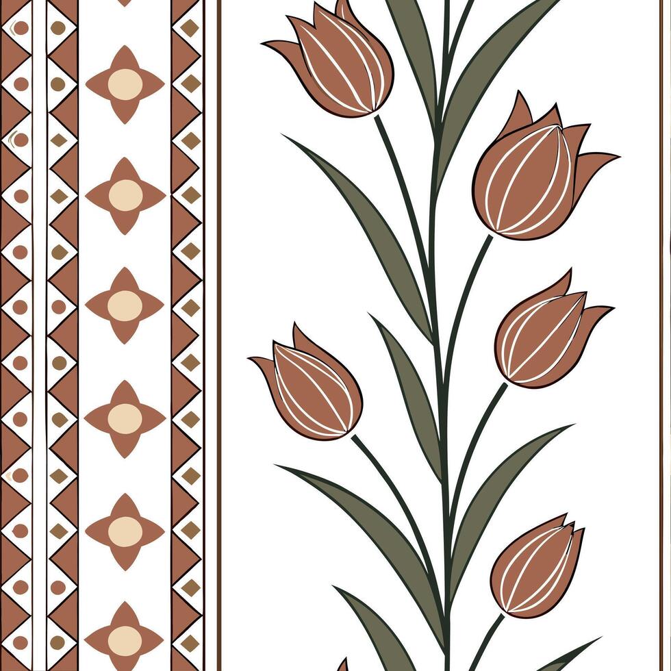 Turkish kilim patterns and tulips seamless tile pattern with earthy tones and traditional designs for cultural decor concept as Earthy toned Turkish kilim patterns and traditional Clean Pro vector