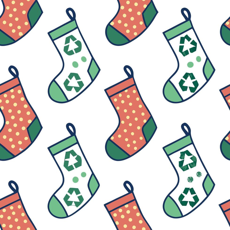 Upcycled Fabric Christmas Stocking concept as A seamless minimal background featuring a repeating pattern of Christmas stockings made from upcycled fabric scraps in various colors Clean Pro vector