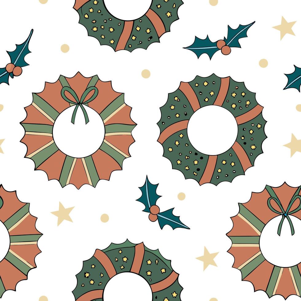 Upcycled Fabric Christmas Wreath concept as A seamless minimal background featuring a repeating pattern of Christmas wreaths made from upcycled fabric scraps in various colors and Clean Pro vector