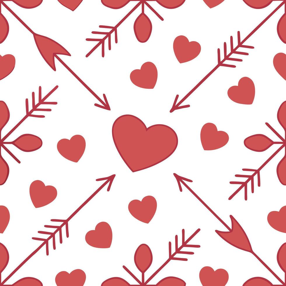 Valentine hearts and arrows seamless tile pattern with vibrant reds and elegant designs for romantic decor concept as Vibrant red hearts and elegant arrows arranged seamlessly for Clean Pro vector