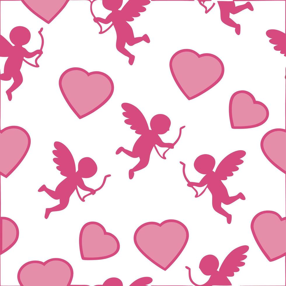 Valentine hearts and cupids seamless tile pattern with playful elements and bright pink tones for cheerful decor concept as Playful hearts and cupids with bright pink tones arrange Clean Pro vector