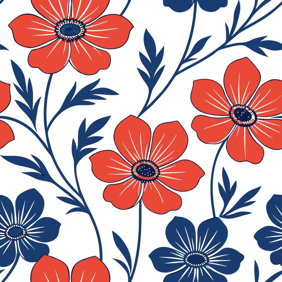 Vibrant Anemone seamless tile pattern with bold red and blue petals on white background concept as Bold red and blue Anemone flowers creating vibrant seamless tile pattern ideal fo Clean Pro vector