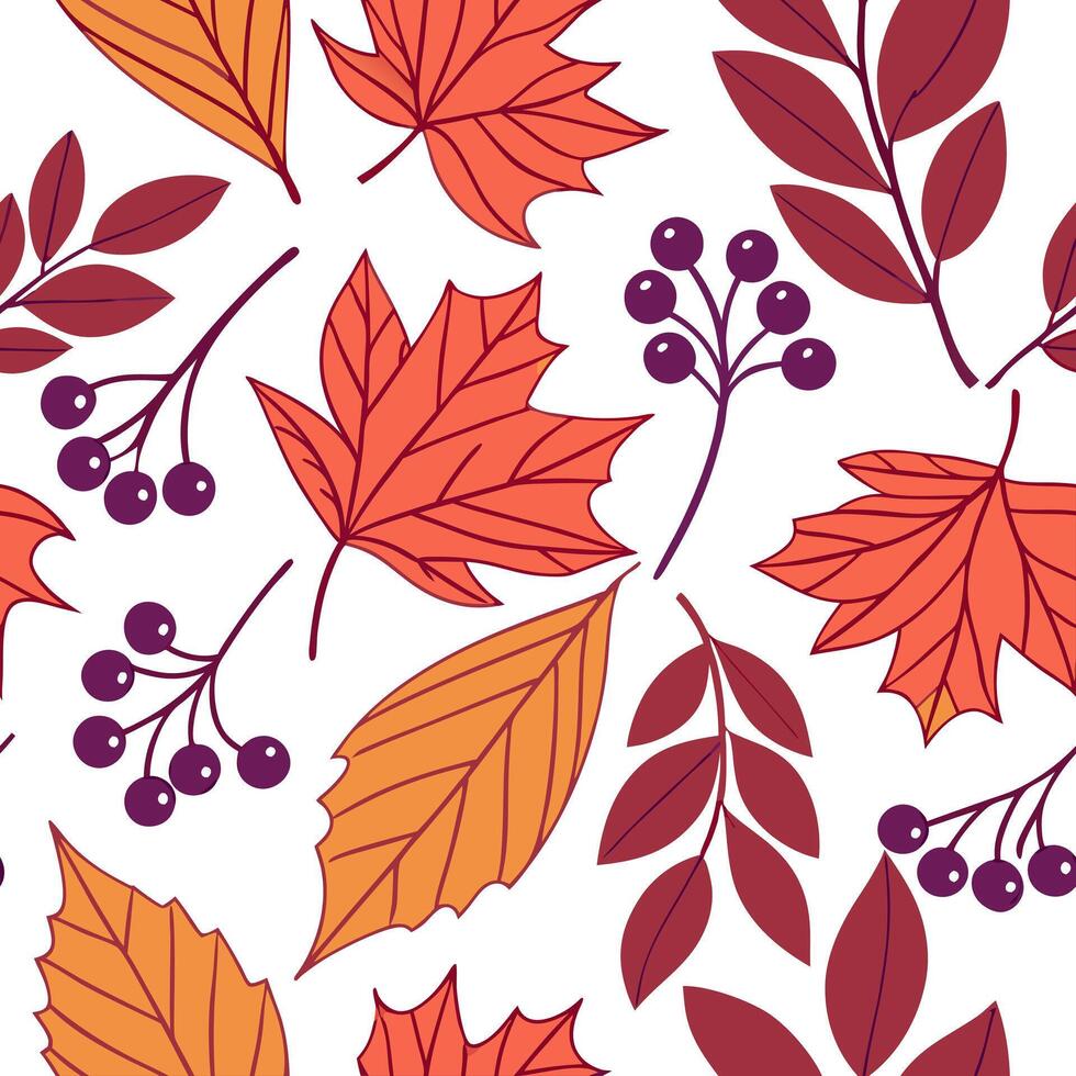 Vibrant autumn leaves and berries seamless tile pattern with rich reds oranges and purples concept as Rich red orange and purple autumn leaves and berries create a vibrant seamless Clean Pro vector