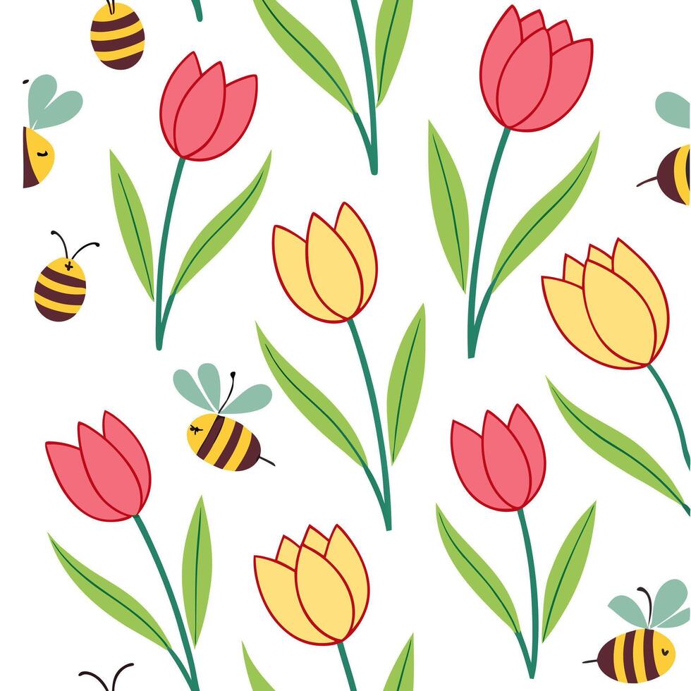 Vibrant Easter tulips and bees seamless tile pattern with lively spring elements concept as Lively spring elements like vibrant Easter tulips and bees create seamless tile pattern Clean Pro vector