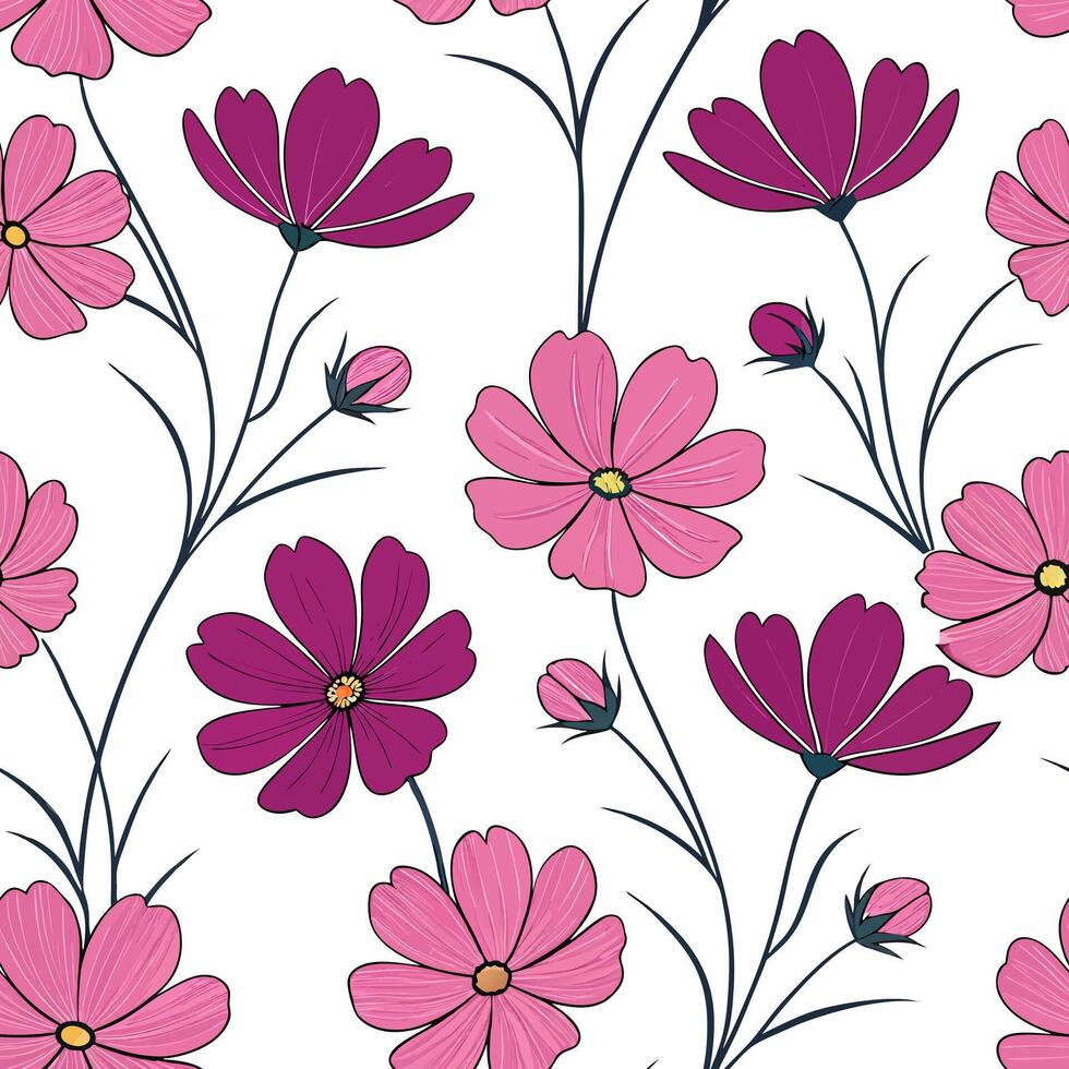 Vibrant cosmos flower seamless tile pattern with rich pinks purples and delicate petals concept as Rich pinks and purples of cosmos flowers create a bright lively seamless spring t Clean Pro vector