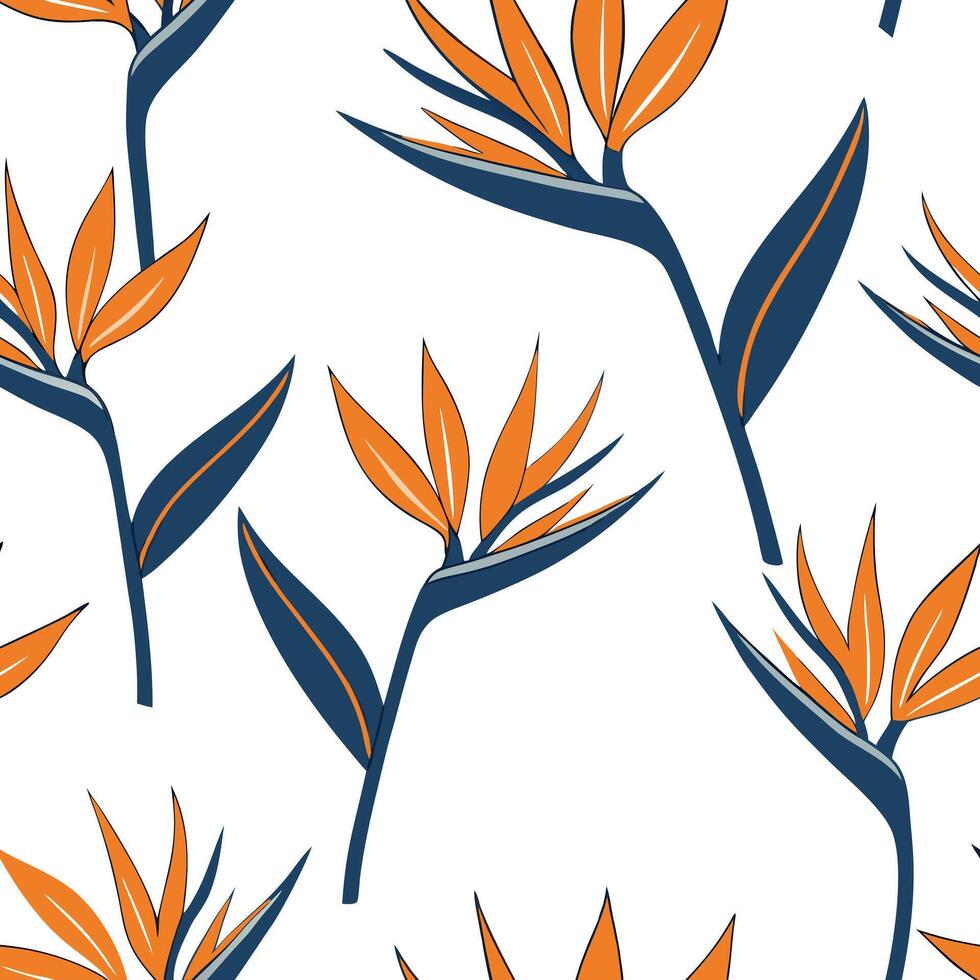 Vibrant Bird of Paradise seamless tile pattern with bright orange and blue hues on white background concept as Bright orange and blue Bird of Paradise flowers creating vibrant seam Clean Pro vector
