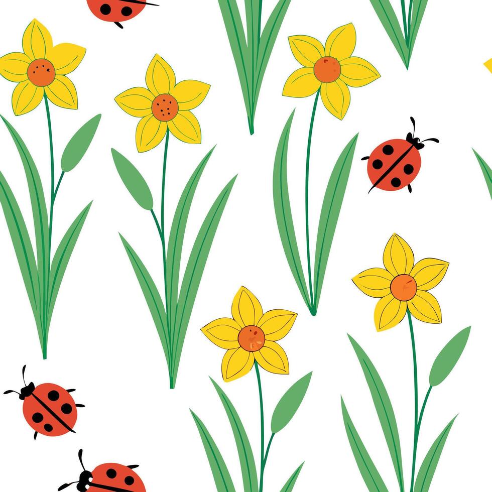 Vibrant Easter daffodils and ladybugs seamless tile pattern with lively spring colors concept as Lively spring colors highlight vibrant Easter daffodils and ladybugs in seamless ti Clean Pro vector