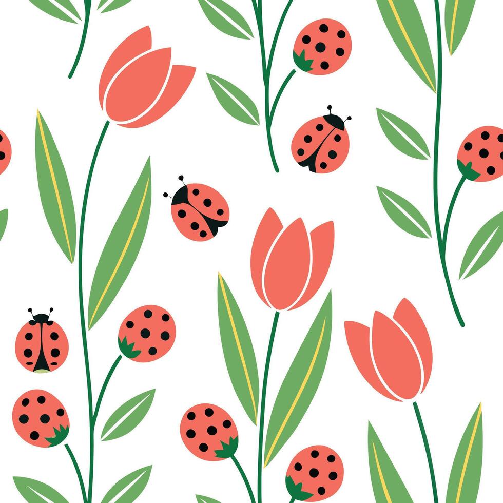 Vibrant Easter tulips and ladybugs seamless tile pattern with colorful spring accents concept as Colorful spring accents with vibrant Easter tulips and ladybugs create seamless til Clean Pro vector