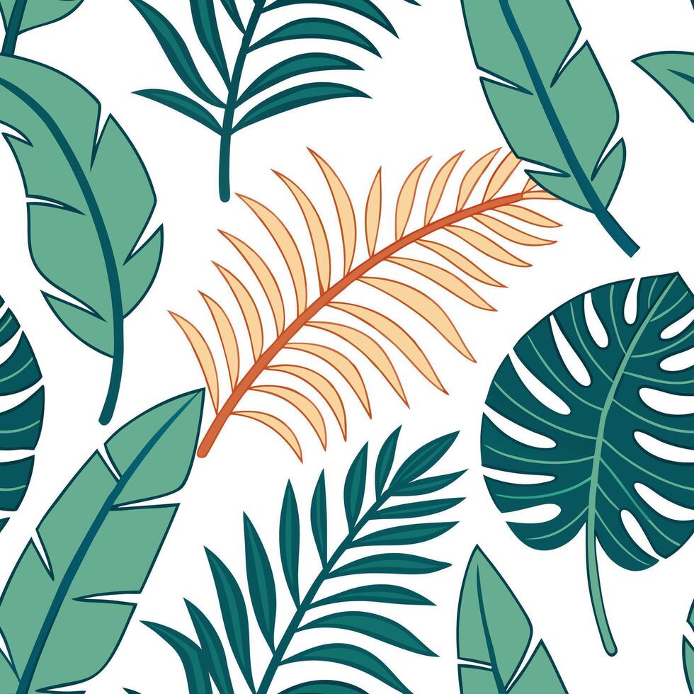 Vibrant summer leaves seamless pattern with banana leaves and tropical greenery for bold summer vibes concept as Bold banana leaves and tropical greenery arranged in a seamless til Clean Pro vector