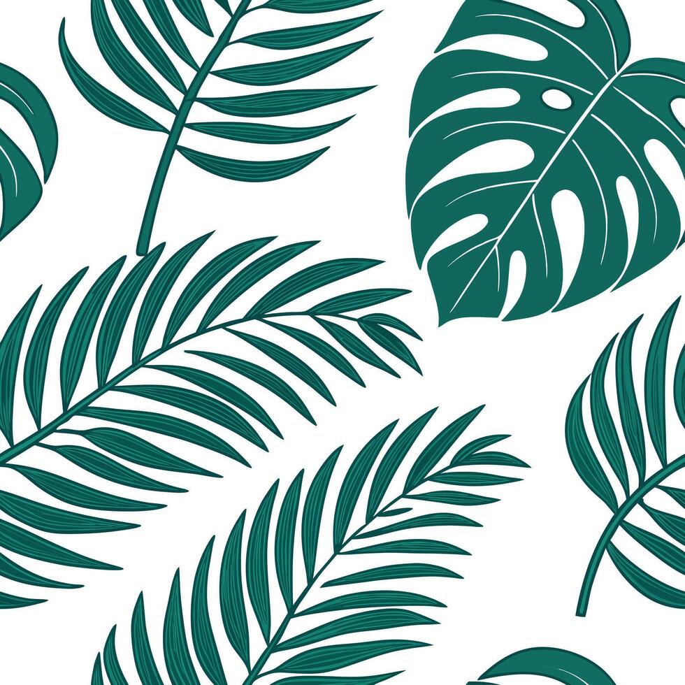 Vibrant tropical leaves seamless tile pattern featuring large monstera and palm leaves on a crisp white background ideal for lively interiors concept as Large monstera and palm lea Clean Pro vector