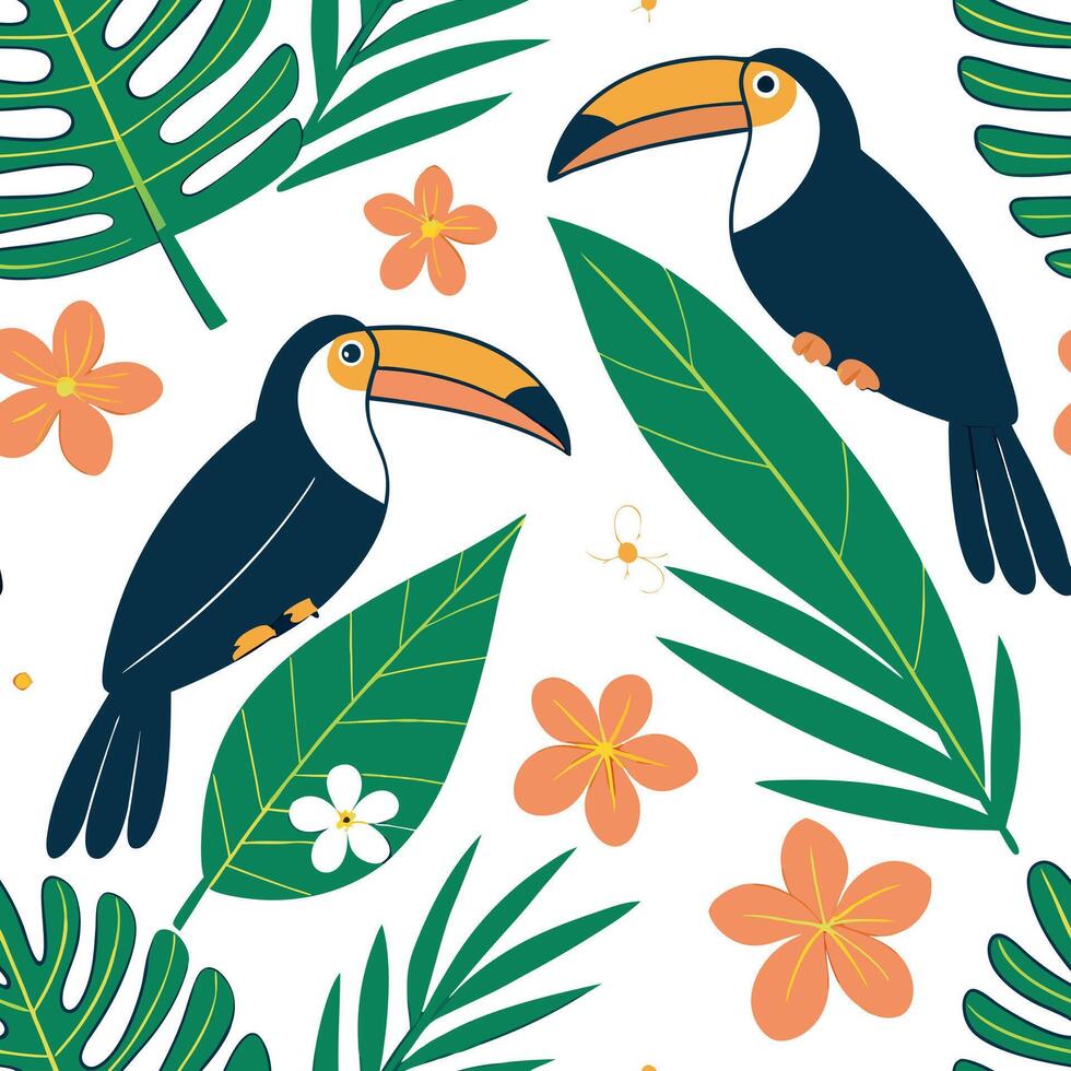 Vibrant summer seamless tile pattern with tropical birds and exotic flowers for lush garden spaces concept as Tropical birds and exotic flowers in a seamless pattern for creating a Clean Pro vector