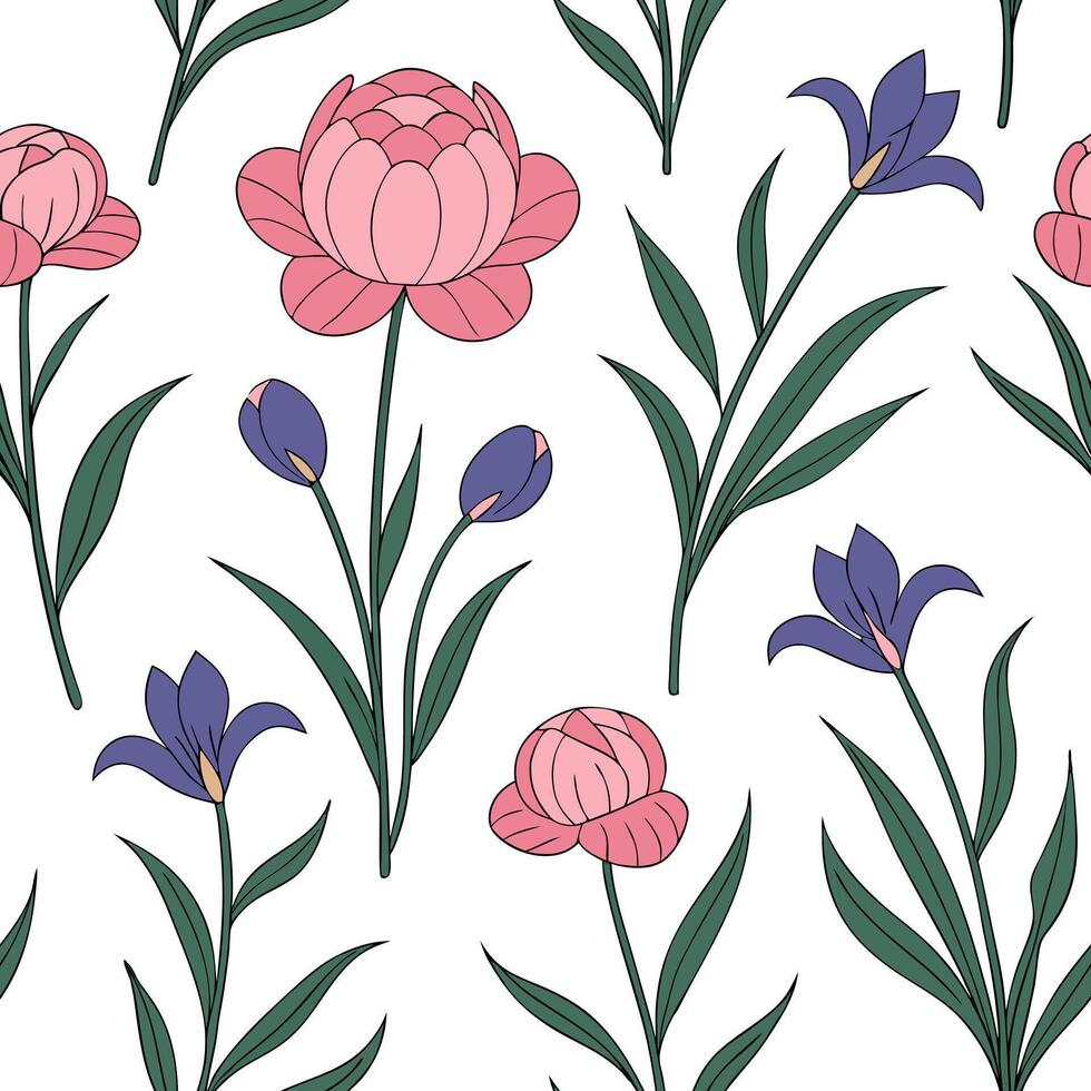 Vintage spring garden seamless pattern with peonies and irises for nostalgic garden spaces concept as Nostalgic peonies and irises seamlessly patterned for a vintage inspired sprin Clean Pro 2 vector