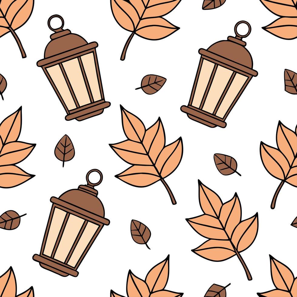 Warm autumn lanterns and leaves seamless tile pattern with cozy textures and colors concept as Autumn lanterns and warm leaves create a cozy seamless tile pattern with rich texture Clean Pro vector