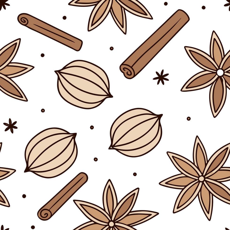 Warm autumn spices seamless tile pattern with cinnamon sticks nutmeg and cloves concept as Cinnamon sticks nutmeg and cloves in warm autumn tones create a cozy spices seamless tile Clean Pro vector