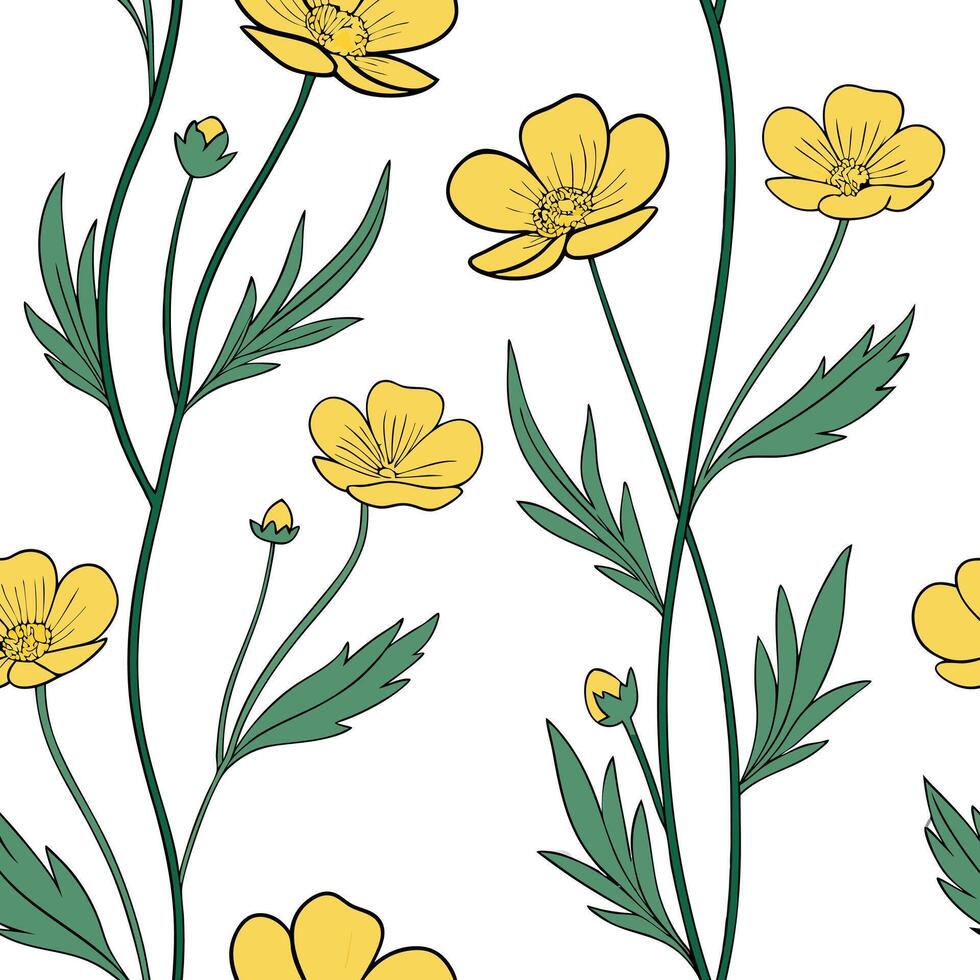 Watercolor buttercup seamless pattern with soft brush strokes and white background concept as Soft watercolor buttercups with gentle brush strokes creating a delicate seamless patt Clean Pro vector
